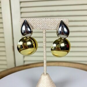 Architectural Vintage Gold Silver Two Tone Statement Drop Earrings 80s Modernist
